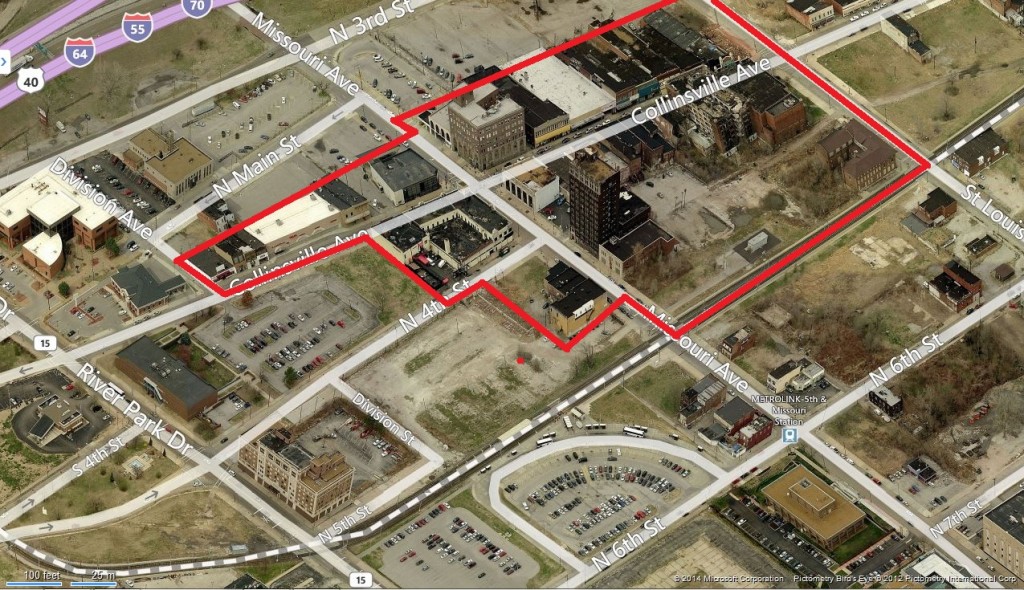 The boundary of the historic district is marked by the red line.