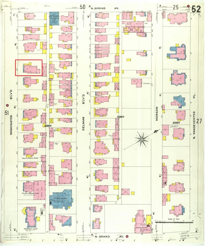 The 1909 Sanborn Fire Insurance Map shows the density of the block and the location of the James H. Green House at 3719 Washington Avenue. We could not find a historic photograph.